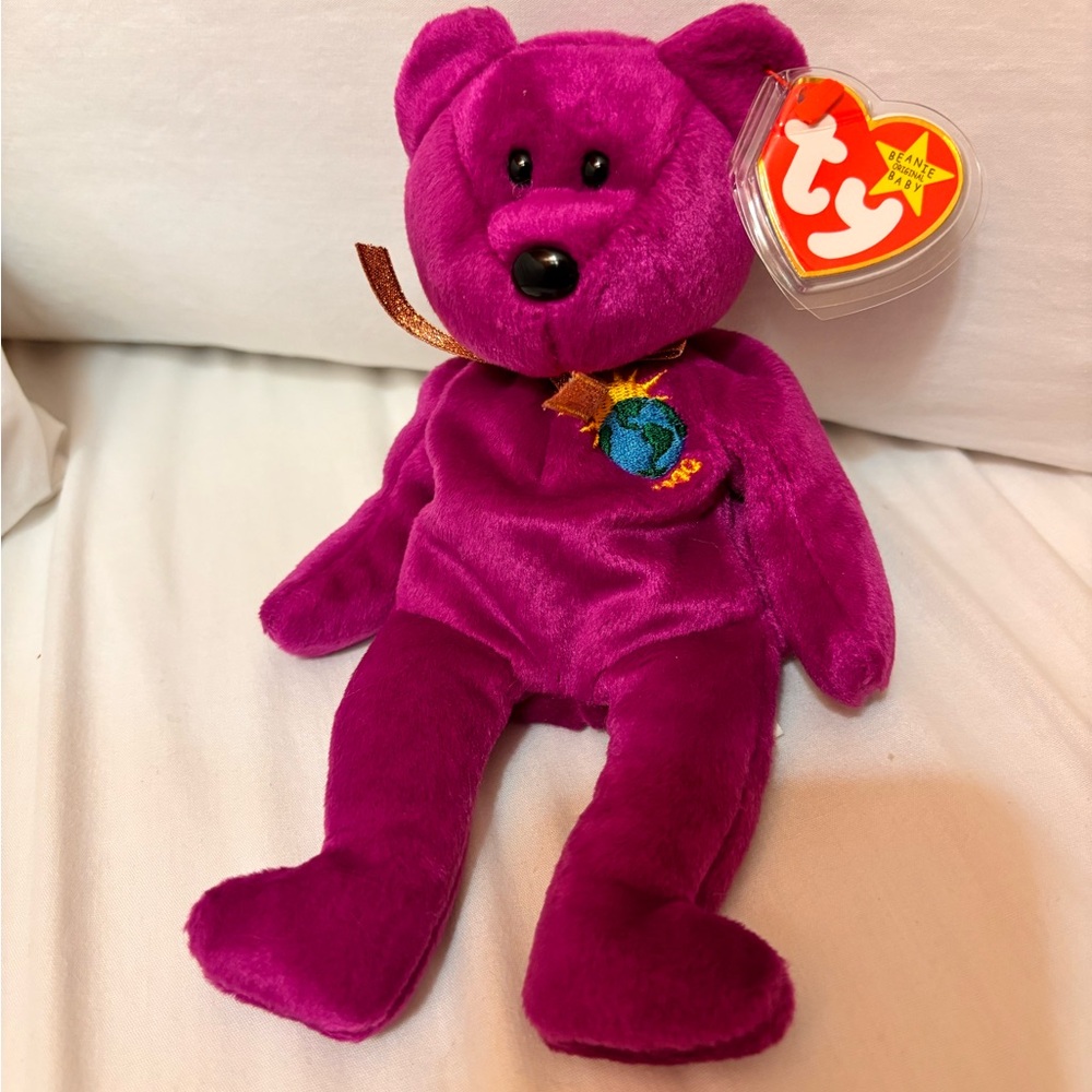 Ty Fuchsia Plush Bear with Embroidered Globe